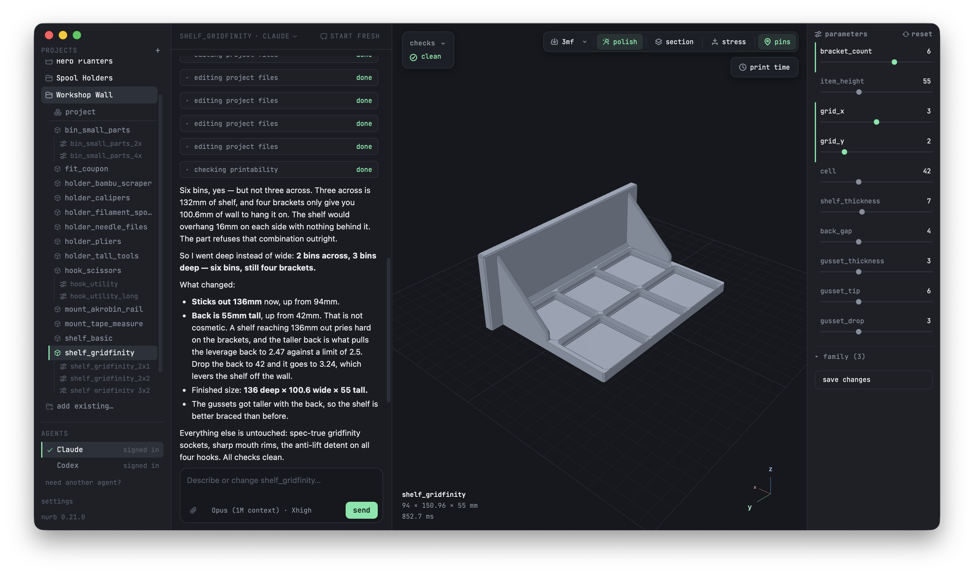 The nurb app: project rail, agent chat, and the live 3D viewer showing a part with sliders for its dimensions